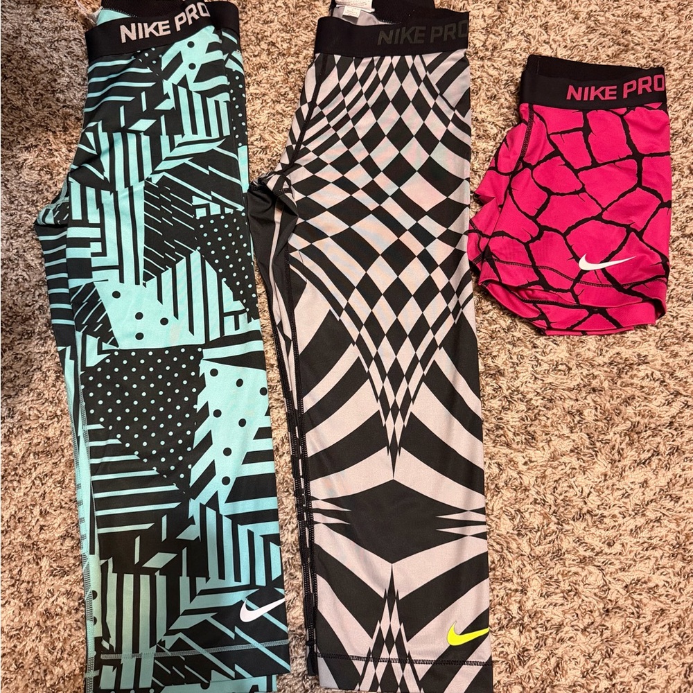 Nike Pro Leggings & Shorts Trio - Aqua/Black, Black/Gray, Hot Pink